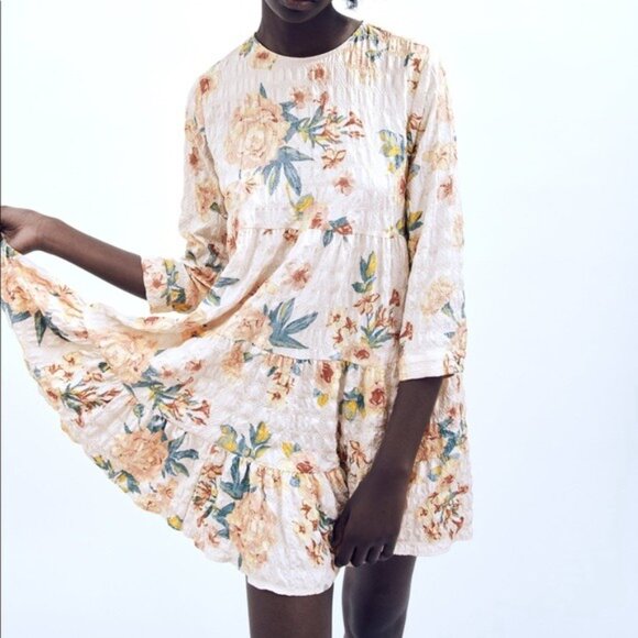 Zara Floral Tiered Dress Boho 3/4 Sleeve Size Small Flowy NWT - Picture 5 of 6